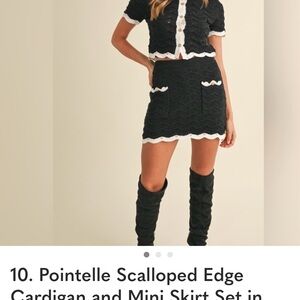 Pointelle Scalloped Edge Cardigan & Mini Skirt Set - Black